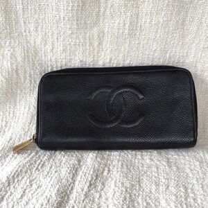 Vintage CHANEL Black Caviar‎ Leather Zip Around Wallet Coin Card Holder Pouch